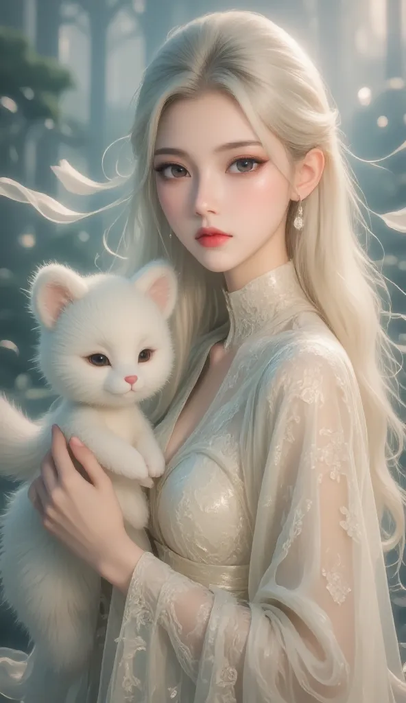 1 girl, beautiful woman holding a lovely fur doll, delicate eyes,Beautiful and delicate lips,Very detailed 눈과 얼굴,Long eyelashes, White hippie hair, Stunning scenery,(best quality,4K,[ 8,000, high resolution , masterpiece:1.2),Very detailed,( actual , actua...