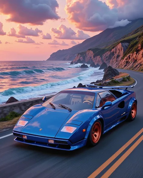 A stunning blue Lamborghini with red rims driving on a winding coastal highway during sunset. The ocean waves crash against the rocky shoreline, reflecting the golden hues of the sun. The sky is painted with vibrant orange, pink, and purple clouds, creatin...