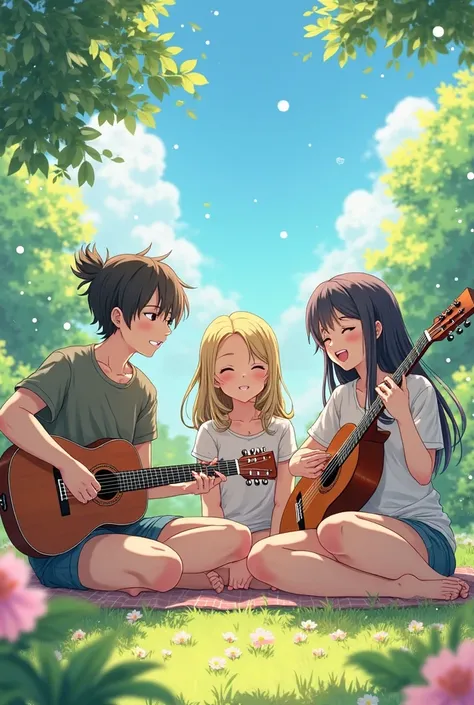 Anime character three friends playing guitar relaxing in garden