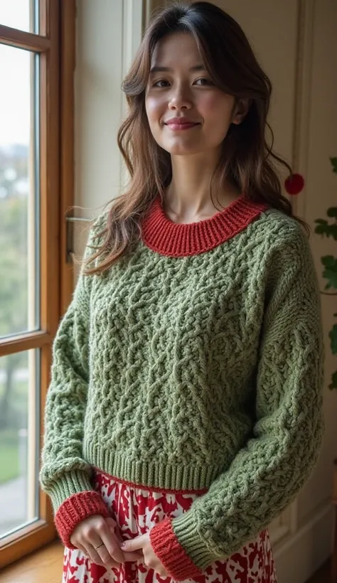 Nice stylish sweater design crochet with wool luxury small cute new flowers design on wool simple one sweater and separate different design green red color full view pic full room view zoom out one cushion on youngster lady under neck simple fresh bright