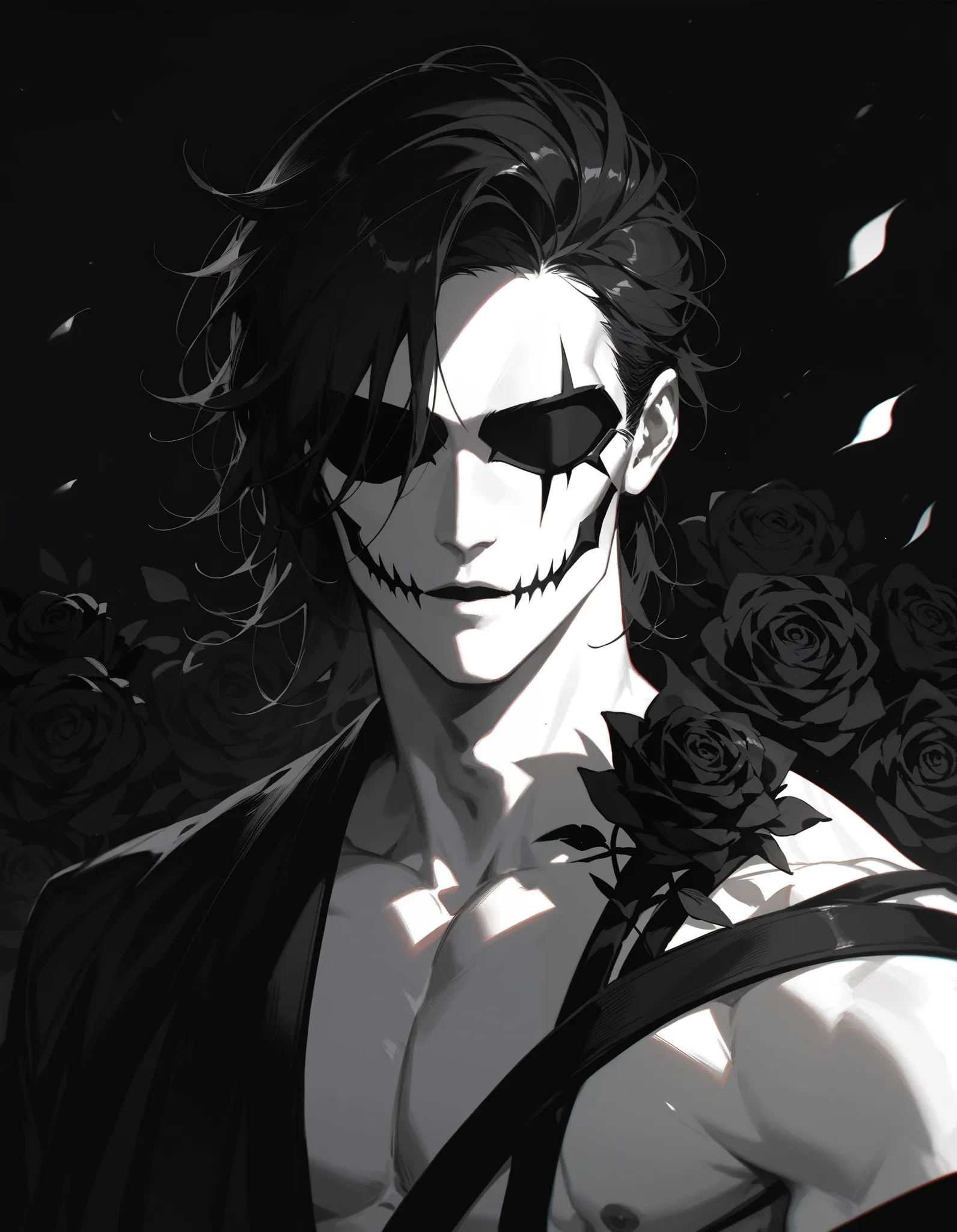    [  [ art cover   , album, [handsome guy，   pretty face   ， White Skin  ,   Mystery, Light and Shadow,   correct proportions   , Roses grow over the eyes，Hands clasping skull，black theme background， 