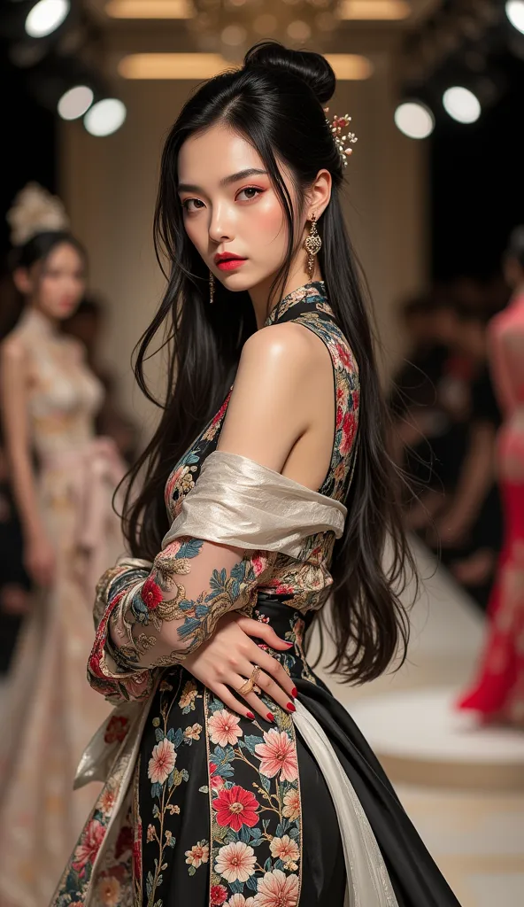 "A stunning Asian female fashion model with high cheekbones, almond-shaped eyes, and smooth porcelain skin. She has long, silky black hair flowing elegantly, or styled in a chic updo. She wears a modern high-fashion outfit with intricate embroidery, inspir...