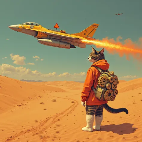 Burning Dune Desert 、a B2 stereo fighter with a triangle on its back crashed into the desert、It burst into flames 、A bunch of large golden cogs are falling in front of the dunes, and the road is formed by cogs 、 and a smiling mink calico cat carrying gold ...