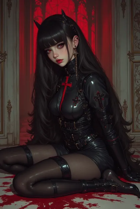 gothic woman in black leather outfit sitting on floor with blood on floor, cyberpunk art by Yang J, cgsociety contest winner, gothic art, cruel korean goth girl, gothic horror vibes, dark and horror style, beautiful vampire queen, ominous gothic aesthetic,...