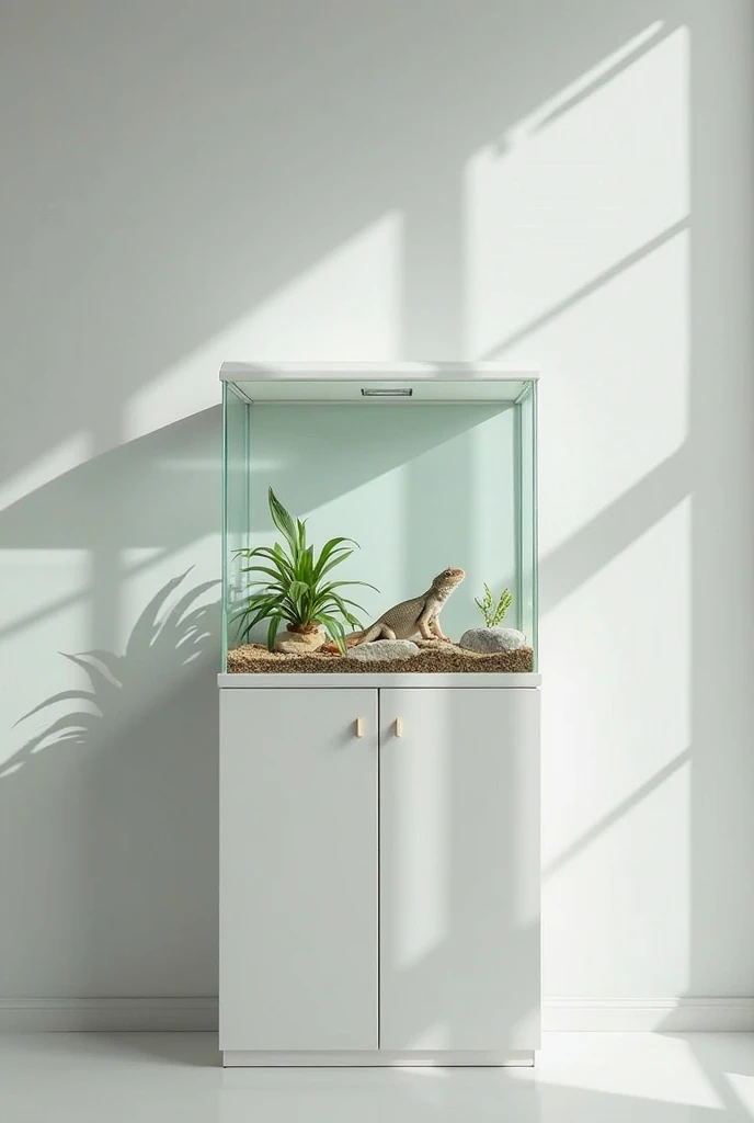 there is a glass display case with a small piece of paper in it, theophanic atmospheric vivarium, full length view. white plastic, sterile minimalistic room, educational display case, display case, vivarium, wide portrait, albino, fish tank, dried aquarium...