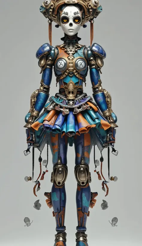 An old coin that pulls flexibly between fingers, a mecha skeleton,dynamic,Happy Dance,Blue tone fashion show,Catwalk,,stunt,beautiful and realistic high-definition digital painting,Science Fiction,background:Taitai Garden,,Focus on close-up,natural light,r...