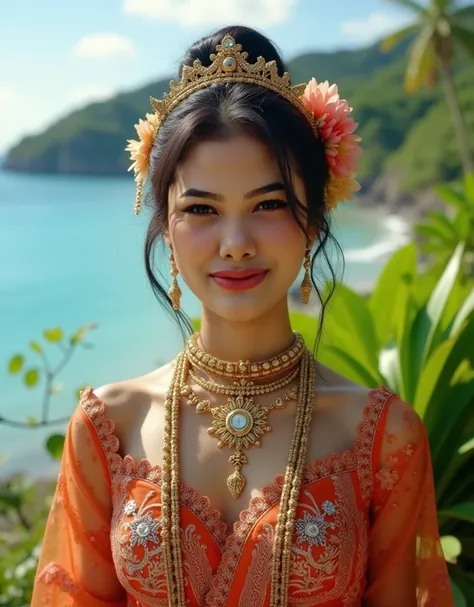 very realistic high resolution 8k photo, beautiful indonesian woman, hair in a traditional bun decorated with luxurious head accessories, red and white flower garlands with towering gold ornaments, the woman is wearing a traditional balinese brocade kebaya...