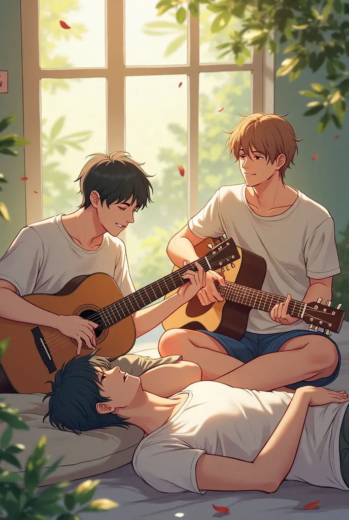 Anime three male friends playing guitar relaxing just sleeping