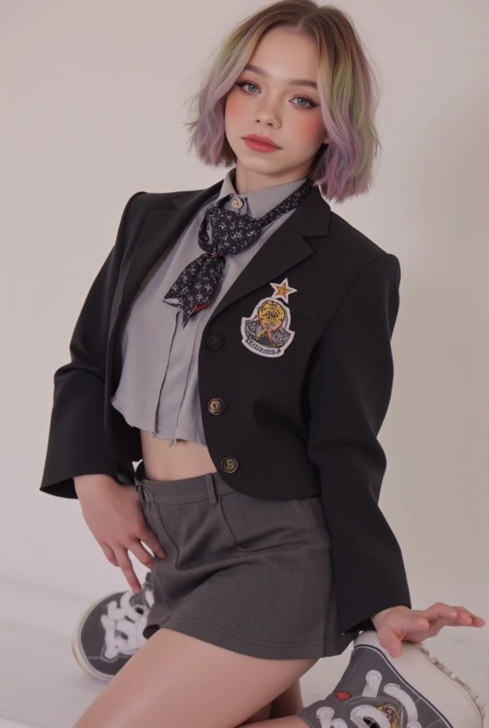 HD、Nipples、Baby Face、Emma Myers、 cute age girl 、 iridescent hair、 young woman、HD、socks、 high school girl uniform、 blazer、 skirt、shirt、 socks、Sneakers、Nipplesを見せる、 Ahe Face、Nipples衣服が乱れる、shows her panties、両手で skirtを持つ、 skirtをまくってshows her panties、