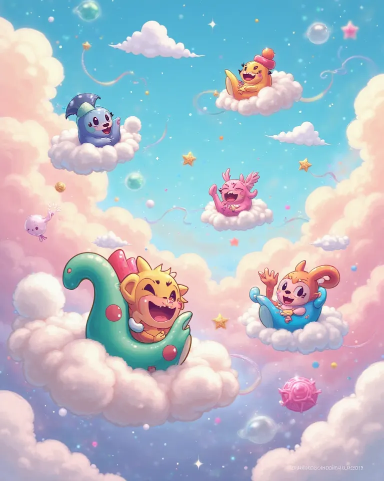 "Cartoon characters ride clouds floating to channel 50. Fantasy and bright atmosphere"