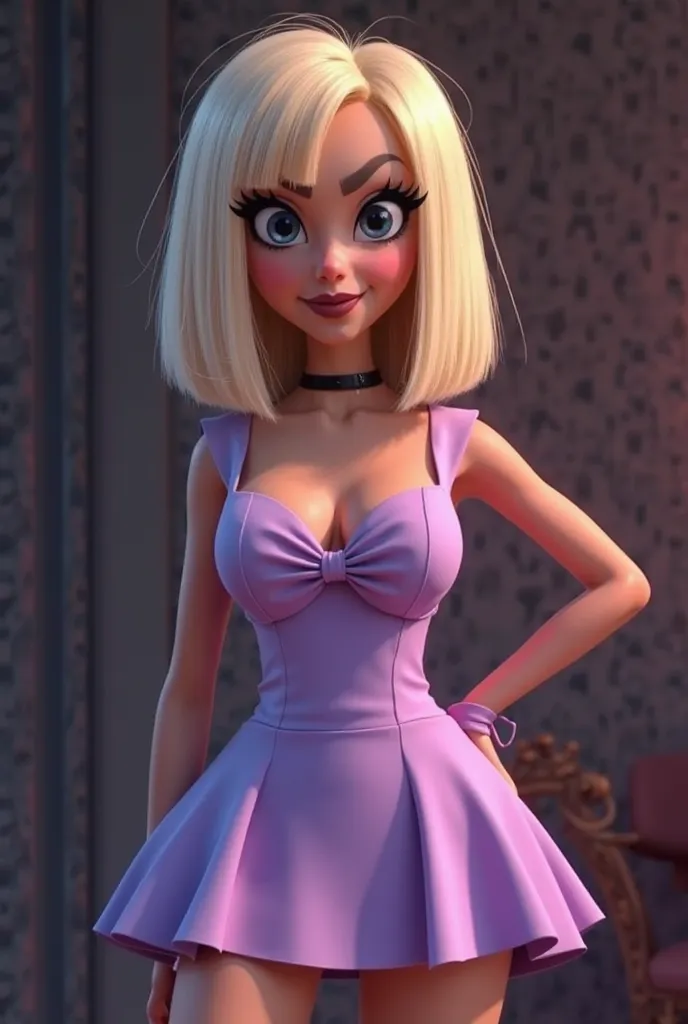 Pixar-style animated image of a dark drag queen with a straight blonde wig without fringes, white eyes and black makeup , short lilac dress with a square V-neck skirt on the sides with a large bow on the chest 