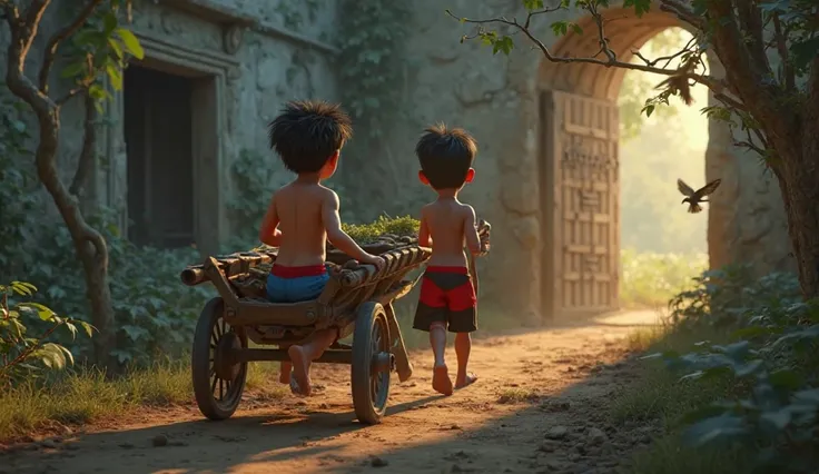 :"In 3D Pixar style, Kadu and Padu (two baby boys, aged 5 and 6) with big red eyes, black hair, red and black shorts, and blue pants, are riding their bullock cart near an old, abandoned mansion. The mansion looks eerie, with broken walls, overgrown weeds,...