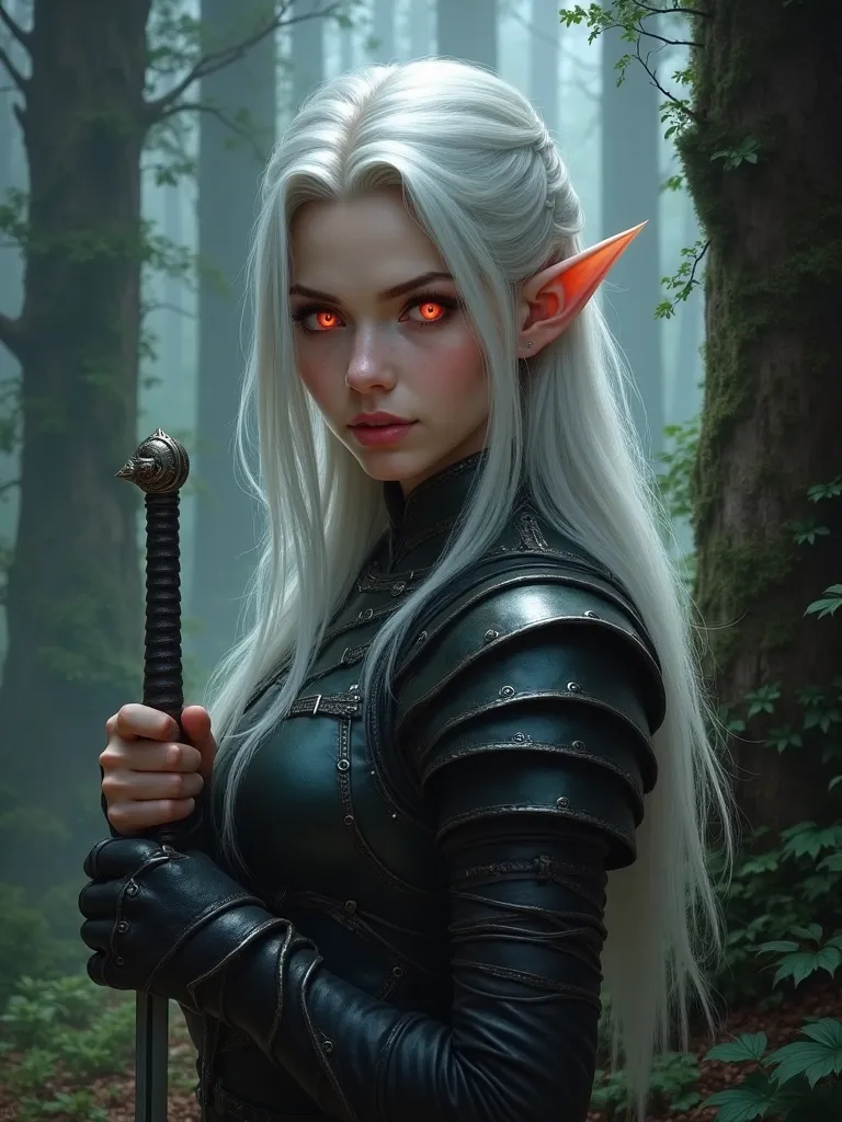 1 girl,  silvery long hair, Pale red eyes, leather armor, Rapier, Dark Forest, portrait, pointy ears