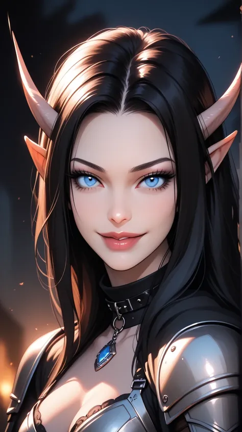   beautiful , High quality,  portrait,  sweet smile, darkness,  tiefling , Blue eyes, pale skin, black hair, armor,  dark background , blurred background, Gothic,  posing, at night, realistic natural light, big ,  beautiful detailed lips , long lashes , go...