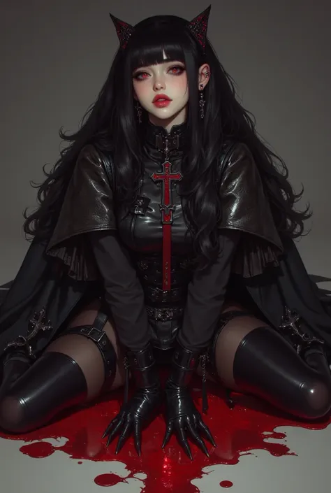 gothic woman in black leather outfit sitting on floor with blood on floor, cyberpunk art by Yang J, cgsociety contest winner, gothic art, cruel korean goth girl, gothic horror vibes, dark and horror style, beautiful vampire queen, ominous gothic aesthetic,...