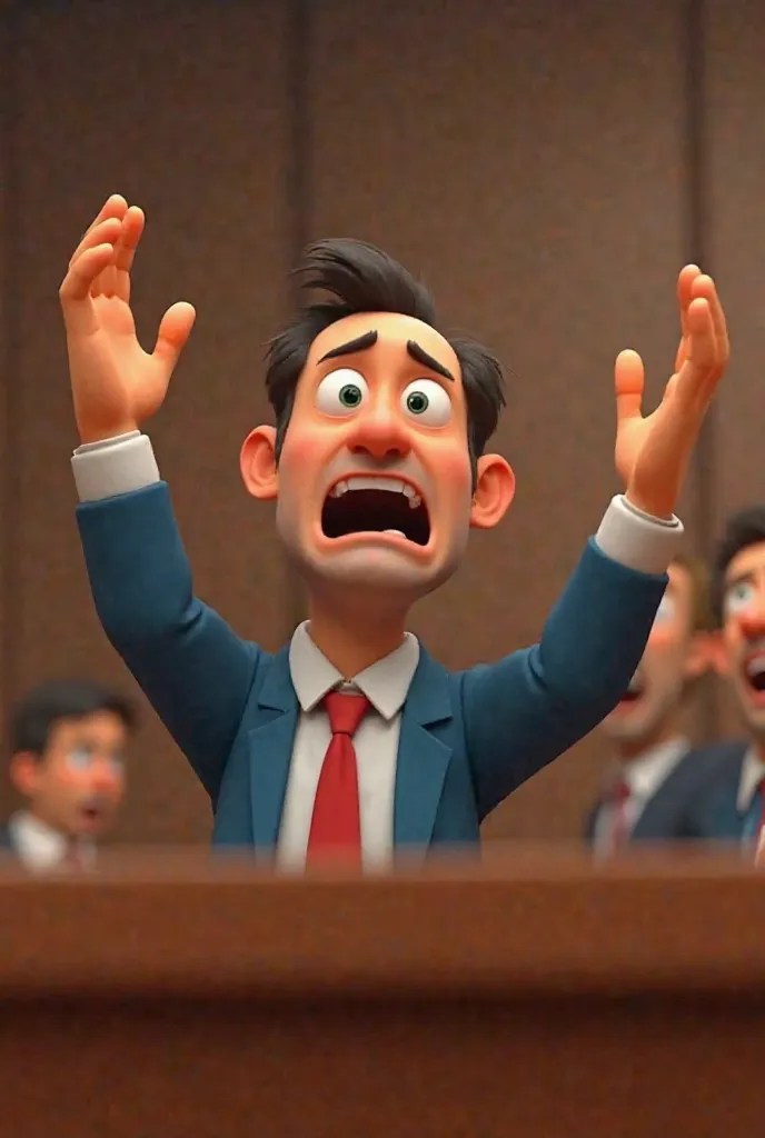 The same 3D cartoon man, now raising his hands in frustration. His facial expression shows desperation as he says, 'جج صاحب مجھے طلاق چاہیے۔' The judge looks slightly surprised but is still listening carefully. The courtroom setting remains the same."