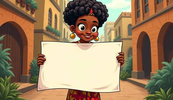 African ren cartoon holding a big white placard 