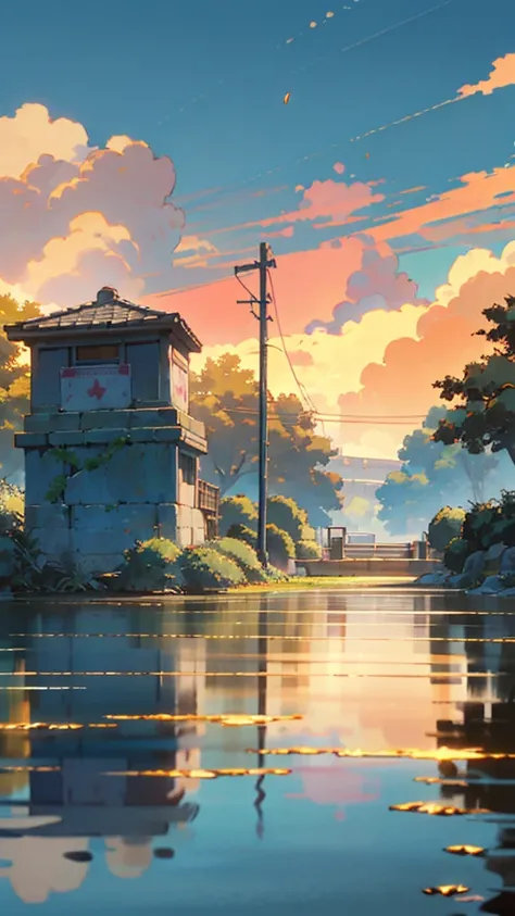 “A serene riverside walkway in a quiet suburban town, bathed in the golden hues of a late summer afternoon. The gentle flow of the river reflects the sky’s fading blue, tinged with warm orange. A metal railing runs along the path, slightly rusted from year...