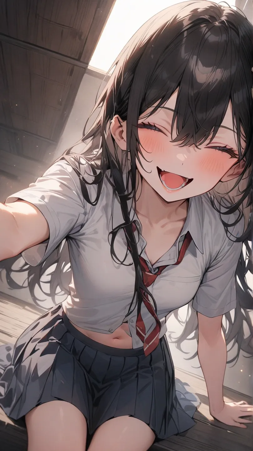 ((Best masterpiece, Perfect quality, Ultra detailed)), A skinny girl with small breasts, With black hair, Mutated body, Wearing a school uniform, A dress shirt and a pleated skirt, Navel, Ecstatic, Satisfied, Smiling, Sitting in the basement