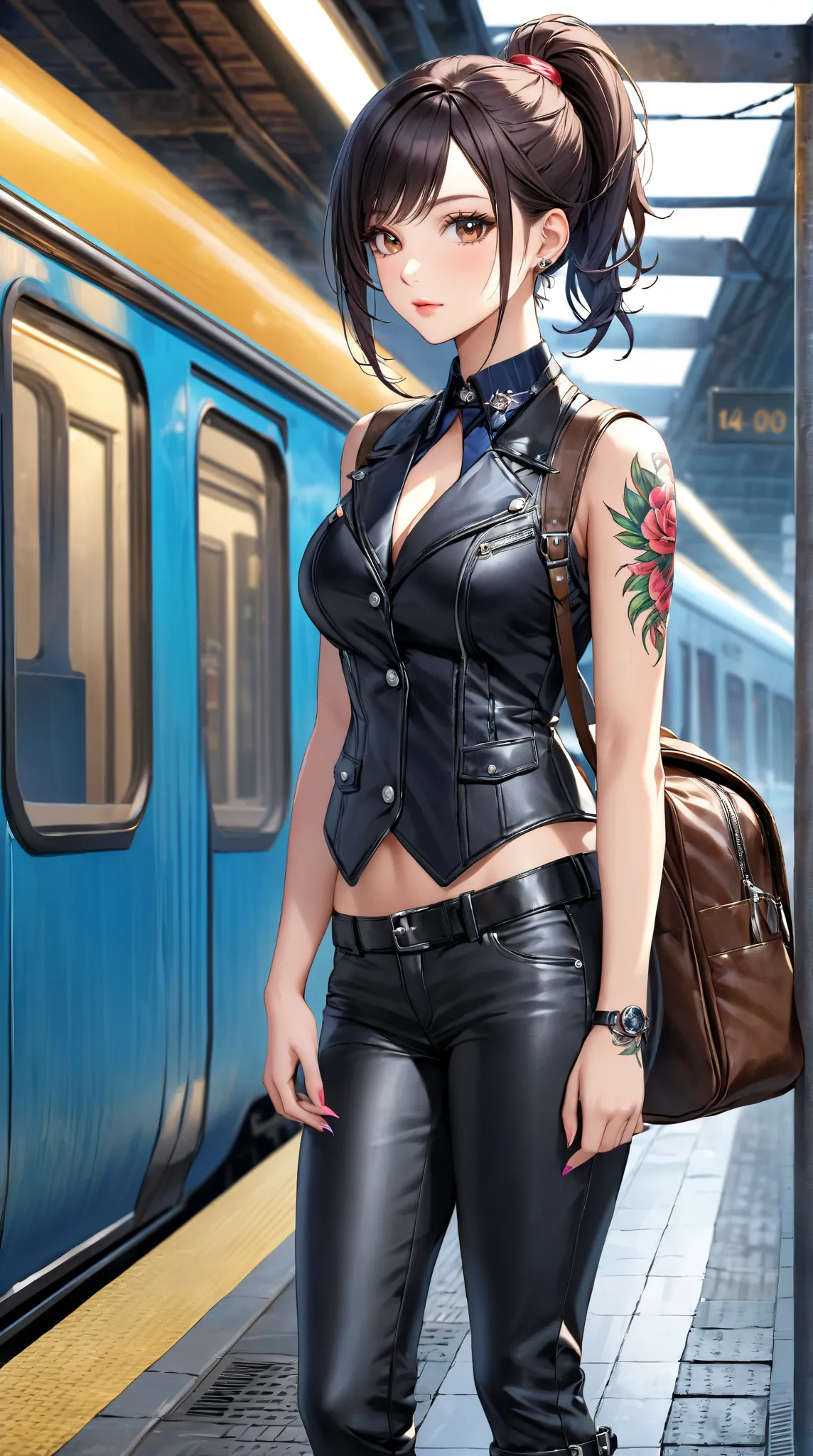 A cool girl，High Value 1.5，Fine Tailor 1.5，Sexy Lip Edge 1.0，full body shot，High realism， High detail， HD ，8K quality，Sharp Eye，looking_up , Dark Hair，short ponytail，type vest，Fit Black Leather Jacket，black leather pants，Black Backpack ， black leather boot...