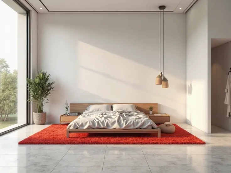 A large bedroom with tiled floor, neutral white wall that can contain a landscape tarp and a red carpet on the ground at the bottom, making 1m from the wall below in front 