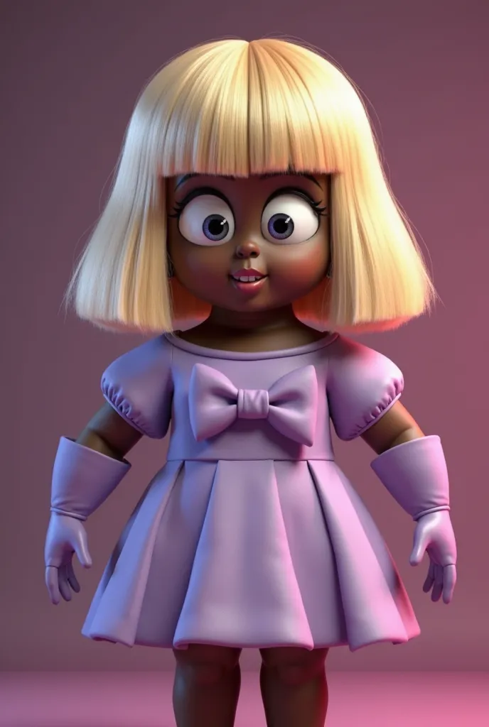 Pixar-style animated image of a dark drag queen with a straight blonde wig without fringes, white eyes , short lilac dress with a square skirt with a peak structure on the sides with a large bow on the chest and balloon gloves