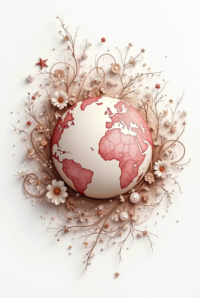 3d, Dessin au crayon, white background, shades of brown ,  light pink and taupe, filaments graphiques et abstraits, Haute définition, Add earth in the center, ornements pearls and stars en parfaite harmonie avec l'ensemble de l'image