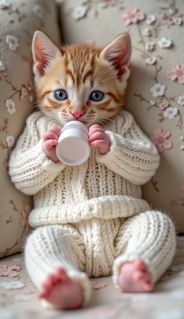 Relaxing on a sofa with a flower pattern on a Huahua flower pattern and holding a baby bottle is a 1 month old kitten baby that is far from its mouth, thin lace white sweater pants also wear the same pattern, 1 month small kitten with eyes that are slightl...