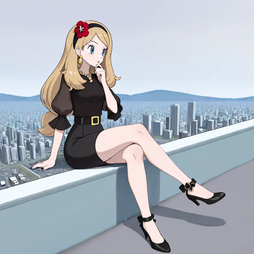 1 girl, {Serena (Pokemon)} a giant girl, sitting, crossed legs, blue eyes, thinking, blonde hair, long hair, black nails, black hairband, hair flower, red flower, golden pearl necklace, golden earrings, black blouse, black puff sleeves, black skirt, black ...