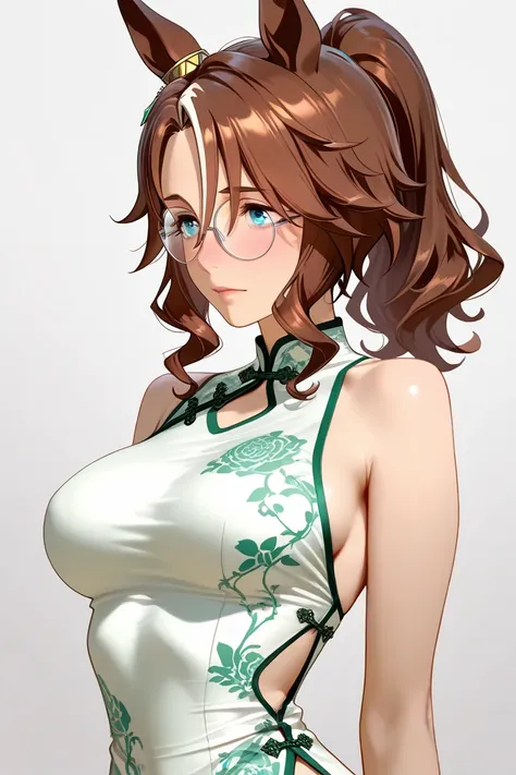 rating:explicit,nsfw,{{{{{{{{sideless outfit White trimmed Green china dress}}}}}}}},round glasses,{{Mejiro Palmer(umamusume)}},,{{{{{{{{high detailed skin breasts}}}}}}}},{{{{{{slim waist,narrow waist}}}}}}, realistic perfect beautiful breasts,{{{{{{{{sid...