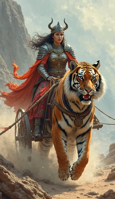 Viking queen wearing a mix of traditional armor and a colorful sari, riding a chariot pulled by a tiger.
