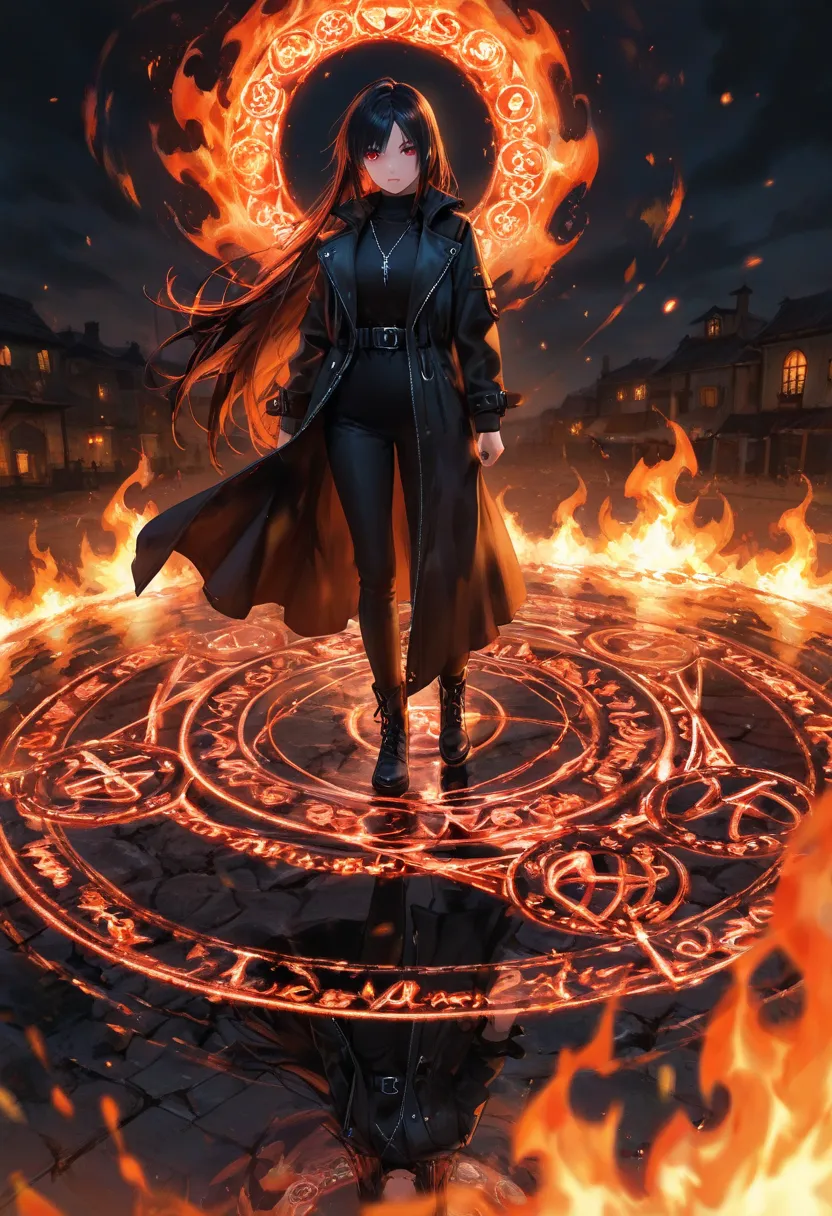 one girl with long black hair.  wearing a long black coat and pants. very detailed and detailed magic circle in red. beautiful red eyes, and concentrates.  The ground beneath feet glows a faint red and bubbles.  flame particles, ground flames, Reflection, ...