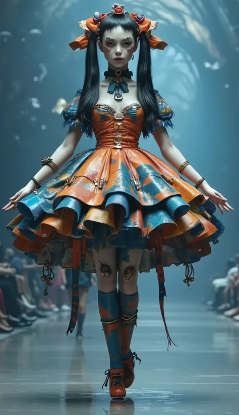 happy dancing with flexibility in the gaps between the fingers,dance。dynamic,开心dance,Blue tone fashion show,Catwalk,,stunt,beautiful and realistic HD number,Code painting,Science Fiction,background:Strange and thrilling horror atmosphere on the catwalk ,,F...