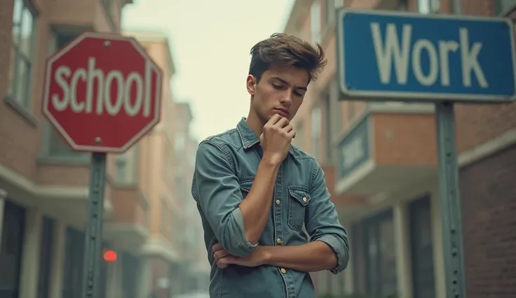 A very young man,  thinks . Above it is a school sign and a work sign