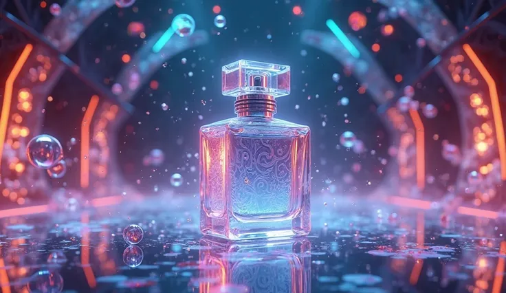 "A futuristic perfume concept with a holographic fragrance bottle levitating in a neon-lit environment, surrounded by floating scent molecules, in ultra-realistic 8K resolution."

