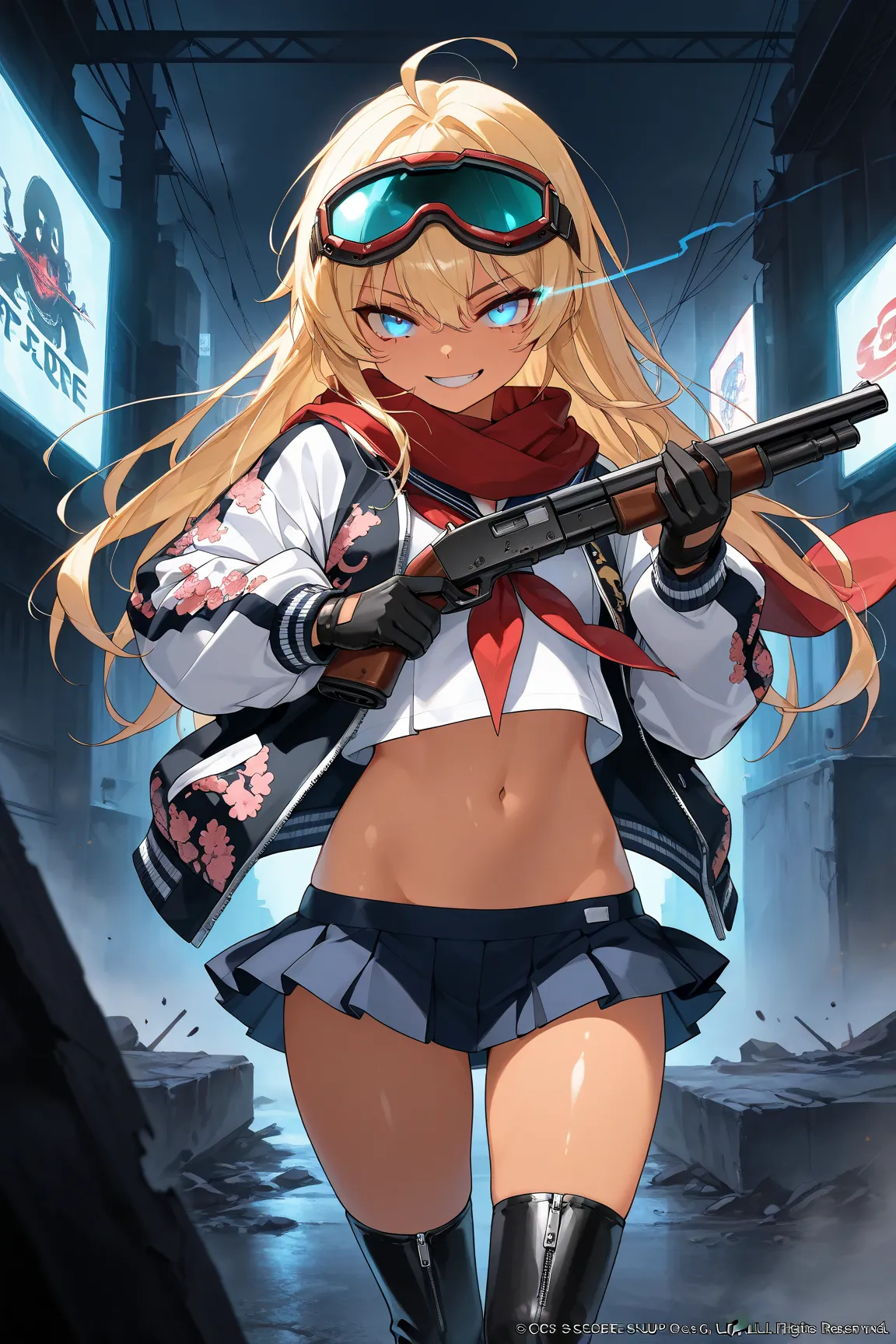 score_9, score_8_up, score_7_up, score_6_up, score_5_up, score_4_up,anime artwork masterpiece,best quality, unreal engine, ultra res, extremely detailed, One Girl,blonde hair,long hair,blue eyes,glowing eye trail,tan skin,biker goggles on head,black sailor...