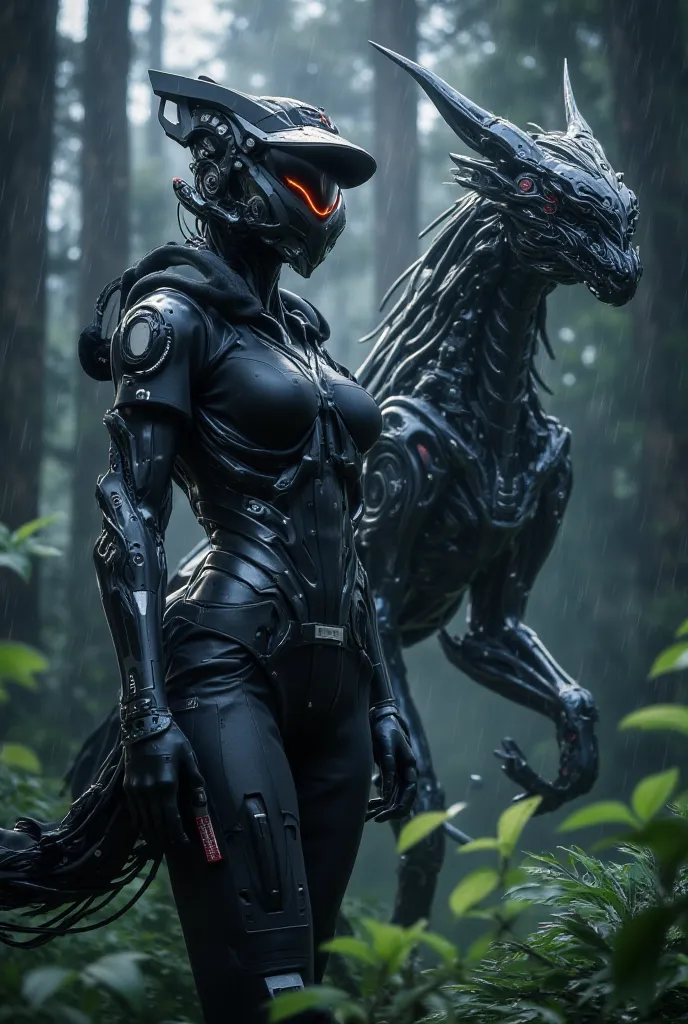 A captivating female police officer from Canada, dressed in a futuristic uniform and police cap, standing beside a moose-man hybrid creature in a heavily detailed, rainy forest setting.