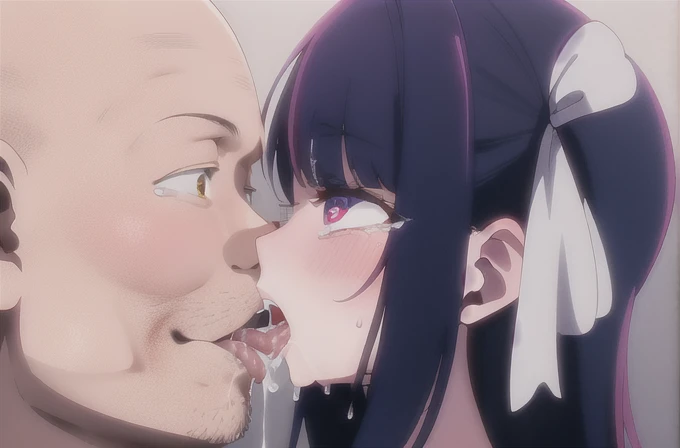 ossan, 1girl, ugly man, 1boy, hetero, saliva, kiss, tongue, blush, french kiss, black hair, tears, ahegao, rolling eyes, bald, sweat,  tongue out, , blunt bangs ,from side, sex