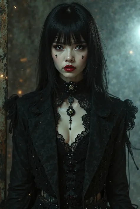 Woman with straight black hair in a hime cut wearing a goth outfit and wearing goth makeup 