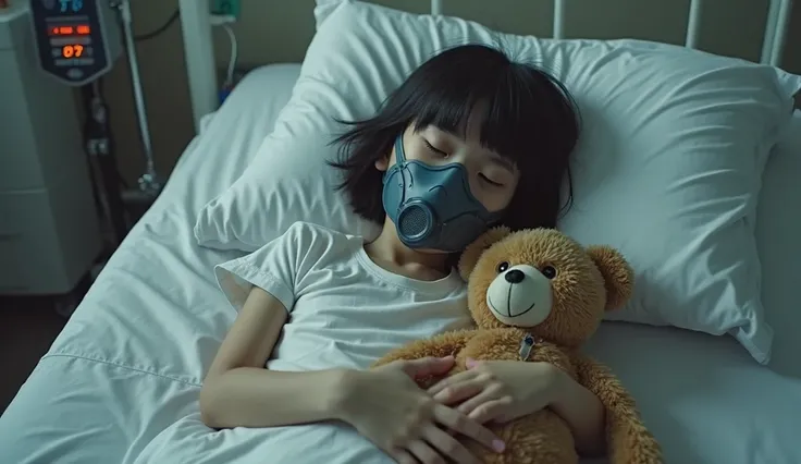 An ultra realistic photo of a  girl on a hospital bed, shes wear a plain T-shirt with short hair, on her face their is a gas mask and beside her a teddy bear. Shes asleep with a blanket covering her