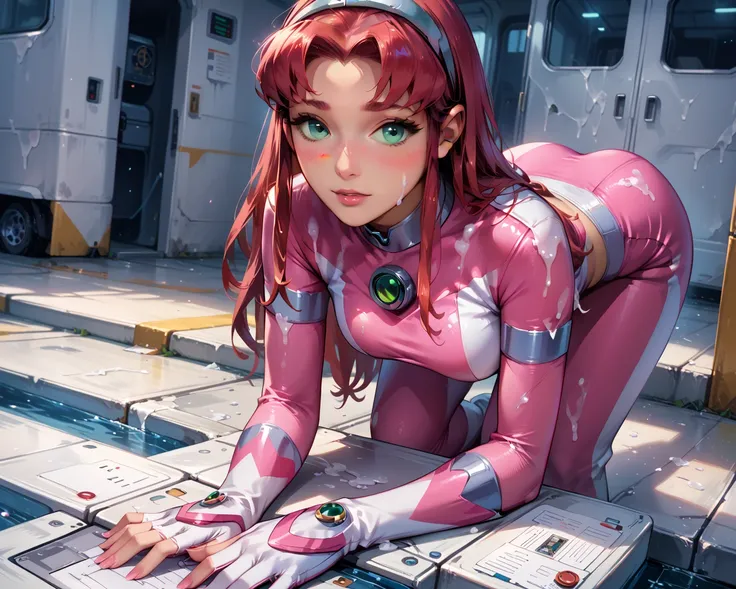 cinematic film still, solo, 1girl, BREAK starfire, perfect breasts, pink power ranger outfit, pink catsuit BREAK high tech factory, pictures of starfire everywhere, sneaking around, crawling on hands and knees, bent over, beautiful, graceful, elegant, BREA...