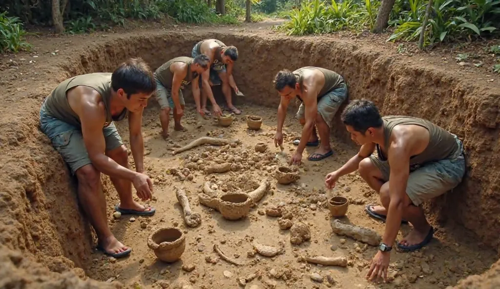 Scene 4 – Archaeological Evidence:
"An archaeological dig site in the Philippines, featuring the Callao Man fossil, ancient burial jars, and artifacts. A team of archaeologists is carefully brushing dirt off bones and relics."
