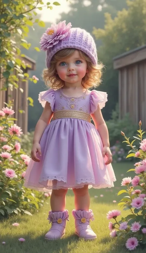  cute babyが微笑んでいる超写実的な油絵のイメージ,   Hair , she's standing , She's wearing a lavender-colored dress 、 Delicate lace details are adorned with very ruffles ,   golden lace belt and matching boots  .   a large bow and decorative flower in a lavender knit hat 、 an...