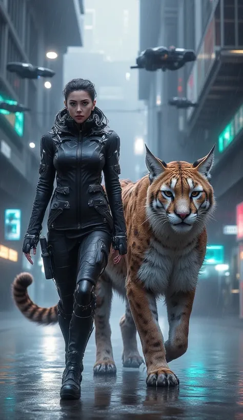 A visually appealing, rain-drenched female officer from Argentina in a sleek police uniform, walking with a puma-human hybrid in a hyper-detailed sci-fi environment.