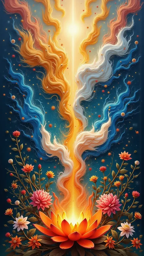 Create an abstract oil painting representing the genesis of life from the four elements. Use an expressive explosion of colors—blue, yellow, red, white, pink, black, and green. The painting should feature a symmetrical and hyper-detailed texture with golde...