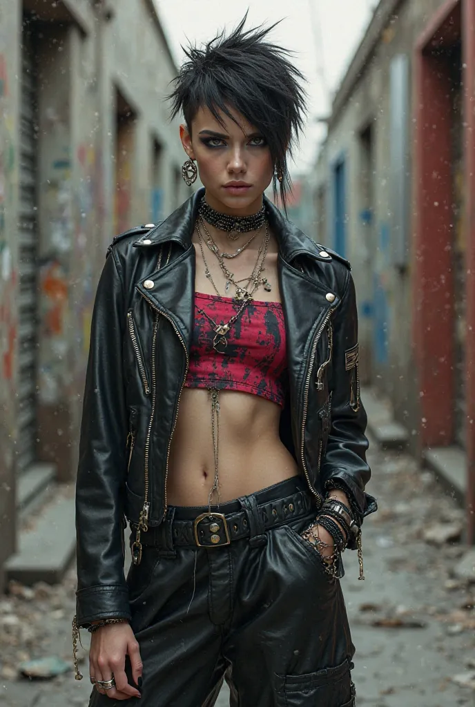 Androgynous person in a punk outfit, wearing baggy pants, hair in a short wolf cut