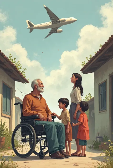 A man in a wheelchair, his wife and 3 rens thinking nearby, and a plane in the sky poor peoples 