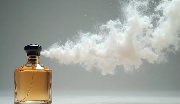 "An ultra-detailed macro shot of perfume spray releasing in slow motion, forming intricate swirls of fragrance mist that capture the essence of the scent in mid-air."

