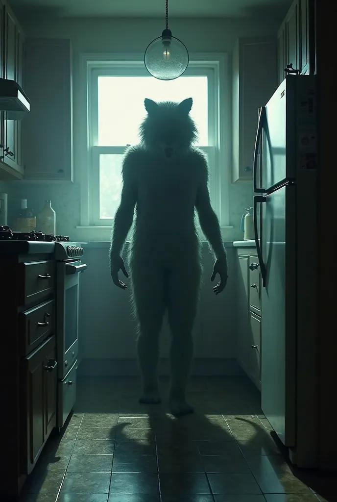 there's a shadow of a furry human form creature in the kitchen area, MAKE IT 4D AND LIKE A MOVIE POSTER
