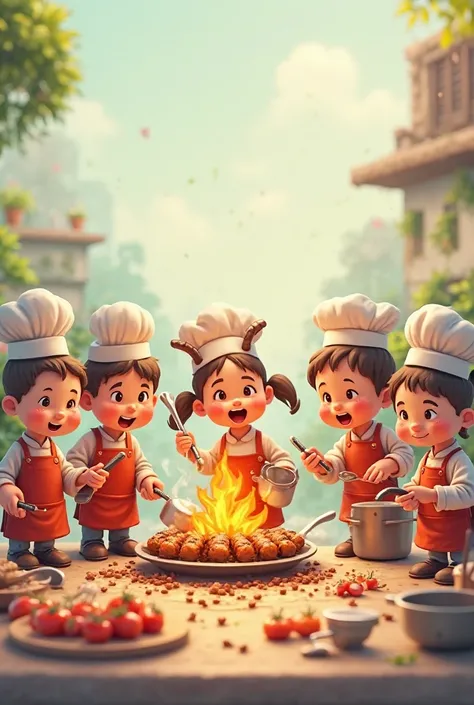 "Create a vibrant and playful cartoon scene featuring six miniature cartoon food workers. They are busy preparing a delicious goat kebab using tiny utensils and a small grill. Each character is wearing a cute chef's hat and apron, showing cheerful and anim...